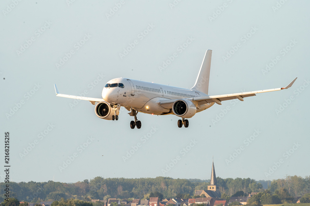 Fototapeta premium Passenger Aircraft on Short Final Over the Field
