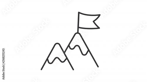 Animated flag on mountain peak outline icon. Milestone in business development animation. Reaching success summit. Leadership on market. Flat line motion graphic loop on transparent white
