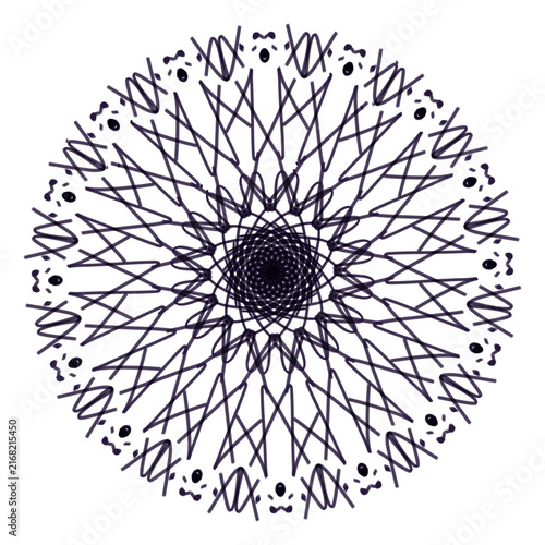 Geometric circular design displays complex overlapping lines in a spiky star formation.