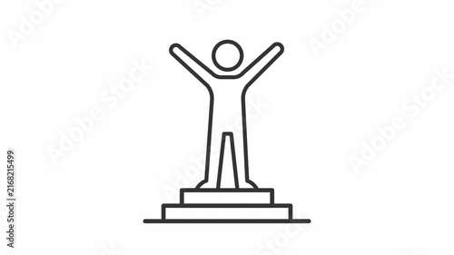 Animated winner on podium outline icon. Celebrating personal achievements animation. Champion radiating success on top. Leadership properties. Flat line motion graphic loop on transparent white