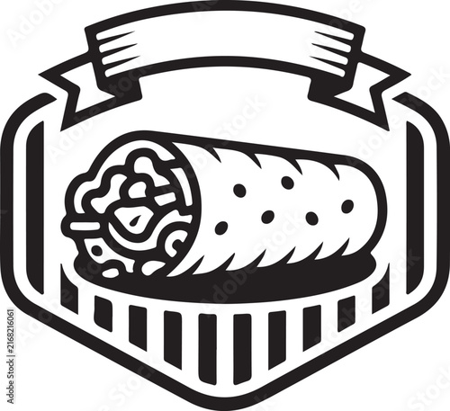 Vintage style emblem design featuring a delicious stuffed burrito centered inside a decorative crest shield border