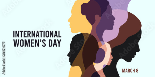 International womens day banner with overlapping female profile silhouettes