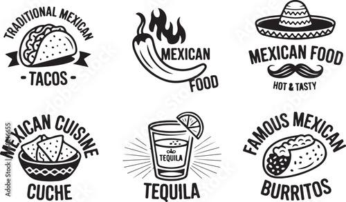 Set of black and white vector icons representing traditional Mexican food and delicious festive snacks