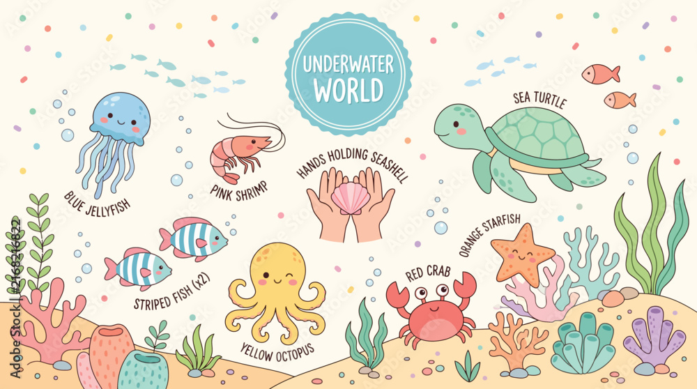 Fototapeta premium Underwater World, Cute Sea Animals, Marine Life and Ocean Vector Illustration