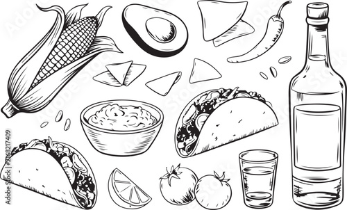 Mexican food theme collection with tacos nachos guacamole avocado corn and a tequila bottle sketch
