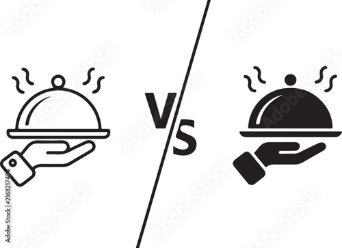 Minimalist hand serving food cloche design in both outline and solid black icon style options