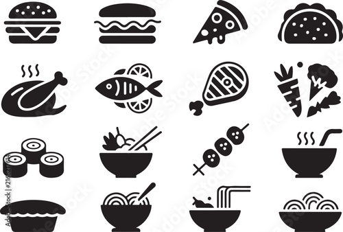 Set of black food icons representing various tasty dishes like burgers pizza tacos and noodles
