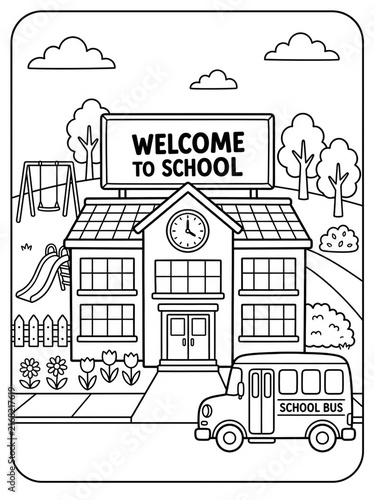 Welcome to School Coloring Page: A charming black and white illustration depicts a school building with a Welcome to School sign, a school bus, playground, and flowers.