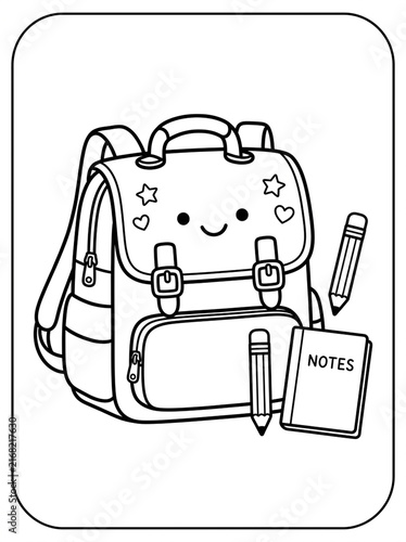 Kawaii Backpack with School Supplies: A charming, cartoon-style backpack with a cute smiling face, accompanied by pencils and a notebook, perfect for back-to-school or drawing activities.