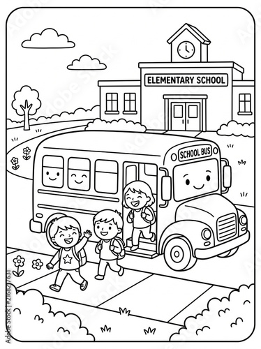 Elementary School Arrival: Cheerful cartoon children with backpacks excitedly disembark from a friendly school bus, heading towards an inviting elementary school building under a sunny sky.