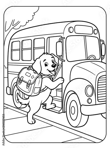 Cute puppy boarding a school bus with backpack: A charming puppy wearing a backpack is excitedly boarding a school bus, ready for a new day of learning and adventure.