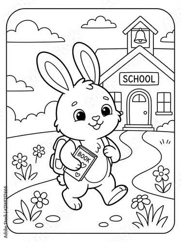 Bunny Going to School: A cute cartoon bunny with a backpack and a book walks towards a schoolhouse, surrounded by flowers and clouds.