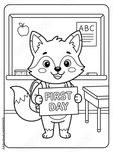A Cartoon Fox Ready for School: A cute cartoon fox wearing a backpack holds a sign saying First Day in front of a classroom chalkboard, ready to embark on a new learning adventure.