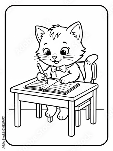 Cute Kitten Learning: A charming cartoon kitten sits at a desk, diligently writing in an open book with a pencil. This illustration captures the joy and innocence of learning and childhood.