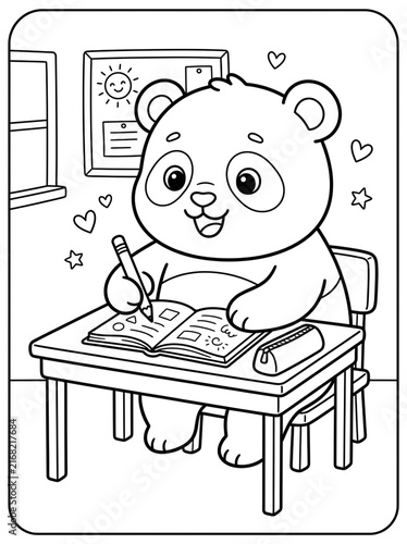 Panda Student Learning: A cute cartoon panda sits at a desk, happily writing in a notebook with a pencil, surrounded by hearts and stars, conveying a sense of joyful learning and education.
