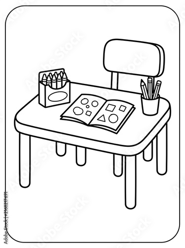 Coloring Book Scene: A child's desk set with coloring book, crayons, and pencils, ready for creative expression and learning.