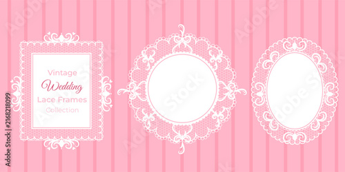 A collection of vector vintage lace frames on a pink background