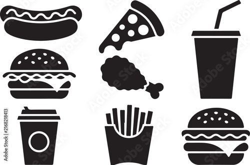 Collection of fast food icons featuring burgers pizza hot dog and cold drinks for menu design