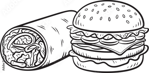 Graphic illustration of a fresh beef cheeseburger alongside a rolled flour tortilla burrito snack meal