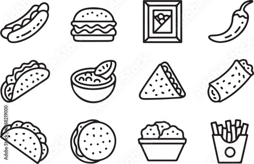 Set of various fast food icons featuring burger taco hot dog and fries line art