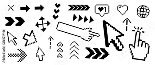 Retro Y2K pixel interaction icons with cursor, pointer hand, navigation arrows, swipe controls and interface symbols. 8-bit black vector elements for UI design, web, dashboards and digital products