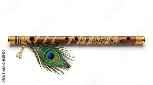 Decorative wooden flute featuring gold Om engravings and a vibrant peacock feather on a clean white background. Represents Indian spirituality and Lord Krishna.