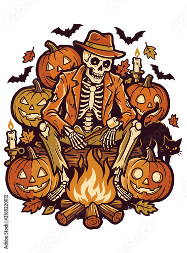 Vintage Skeleton Roasting Marshmallow at Campfire