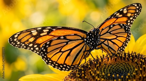 Monarch butterfly resting on bright yellow sunflower in sunny garden