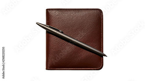 Top View Of A Dark Brown Textured Leather Passport Holder With A Sleek Silver Pen On White Background