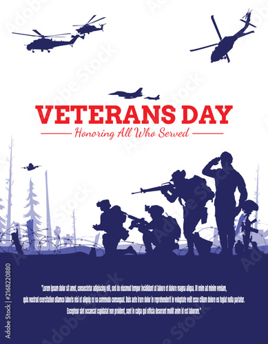 Veteran's day silhouette vector illustration with american flag and soldiers.