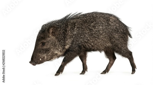 Wild collared peccary walking alone in bright natural daylight on plain background