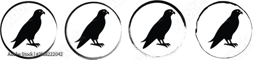 Four round featuring a black silhouette of a falcon or hawk bird standing in profile on a white background