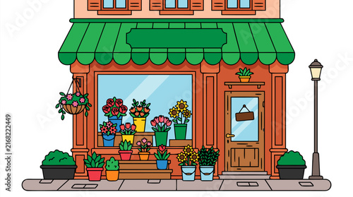 Charming flower shop storefront with green awning, large display window filled with colorful bouquets, hanging baskets, potted plants, wooden door, vintage street lamp, brick building illustration