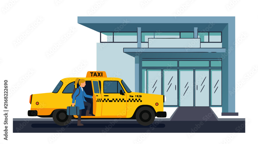 Naklejka premium Yellow taxi cab passenger stepping out curbside in front of modern airport terminal with glass doors, urban transit, travel and transportation flat vector illustration