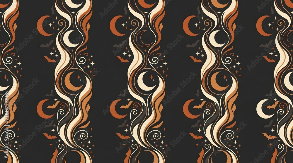 Seamless pattern with mystical crescent moons and abstract swirling smoke elements on a dark background.