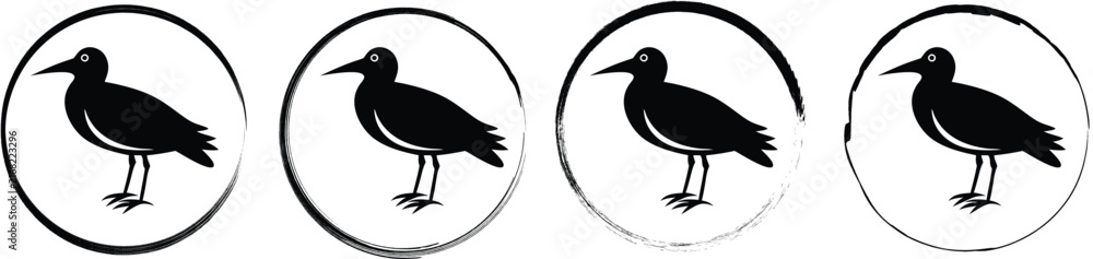 Fototapeta premium Four circular with black silhouette of a plover bird, isolated on a white background, circle