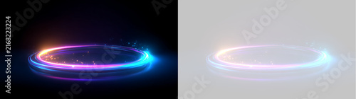 Abstract glowing neon ring with light trail on floor. Futuristic circular podium border in blue and purple. Sci-fi energy portal isolated