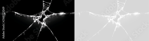 Broken glass crack texture overlay with impact center. Realistic shattered window fissure on transparent background