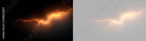 Bright orange electric arc discharge and lightning bolt. Realistic power flash overlay isolated on transparent and black background