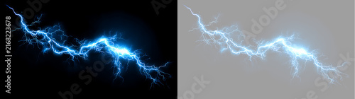 Dynamic blue lightning strike with electric power discharge. Realistic glowing plasma arc isolated on black and transparent background