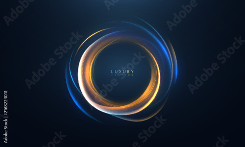 Luxury dark blue background with glowing blue and golden circular light rings, smooth flowing curves and central copy space. Vector illustration.