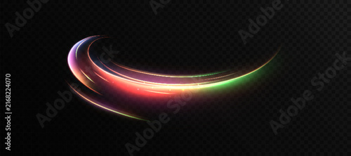 Multicolored glowing curved lines in red, orange, green, and purple with smooth movement against a dark background. Vector 