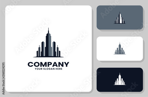 Modern city skyline building logo design for real estate and construction business branding.