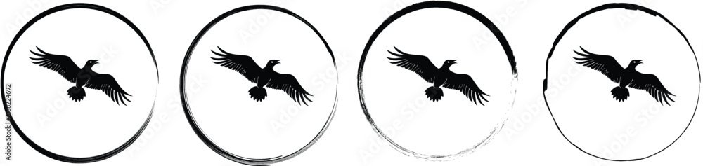Naklejka premium Four circular featuring a black silhouette of a flying crow or raven, isolated on a white background, set