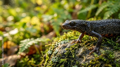 Small black newt resting on mossy stone in forest