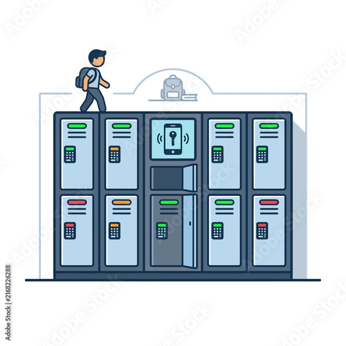 A student walks on top of a row of modern digital lockers