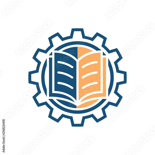 A stylized icon showing an open book inside a mechanical gear