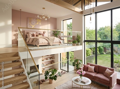 Elegant Modern Mezzanine Apartment with Dusty Rose Bedroom and Minimalist Living Room Featuring Large Windows and Natural Light