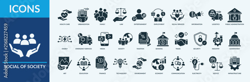 Social Of Society icon set vector illustration. Containing icon of entertainment, employment, social services and more. Glyph solid icon symbol collection