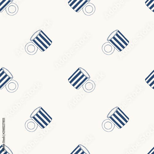 Seamless pattern with blue striped coffee mugs on a white background. Minimalist kitchen illustration for textiles, wallpaper